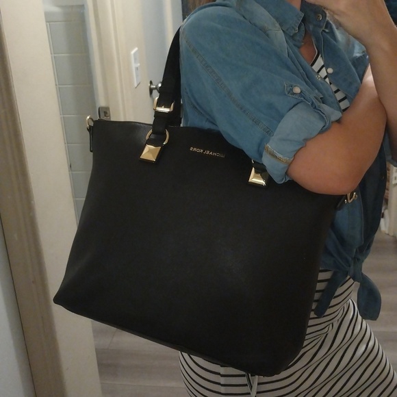 Michael Kors Black Structured Tote with Gold Accents - Picture 16 of 16